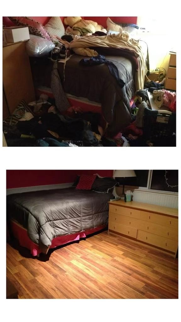 Bedroom before and after — red walls, clutter cleared by Kiera Rain, Walnut Creek CA