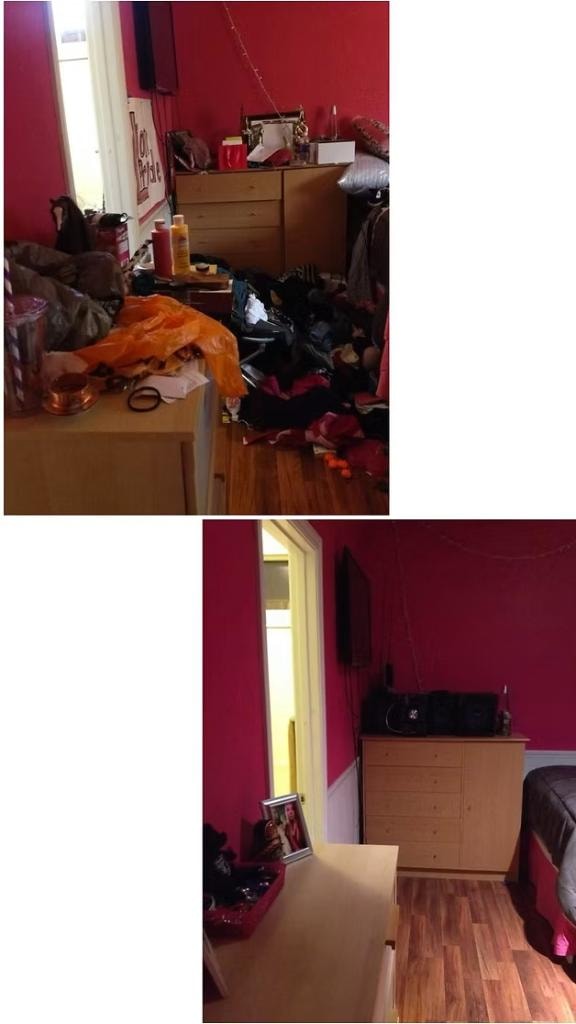 Second angle bedroom before and after — red walls transformation, Walnut Creek CA