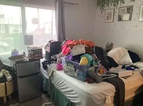 Cluttered teen bedroom before professional organizing by Kiera Rain, Pleasant Hill CA