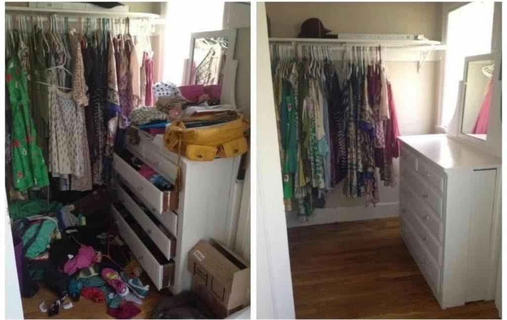 Closet before and after — colorful dresses organized by Kiera Rain, Oakland Hills CA