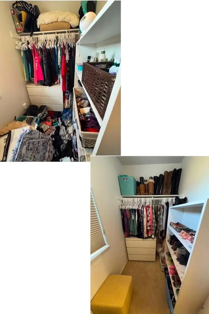 Small walk-in closet before and after — organized with shoe shelves, Pleasanton CA