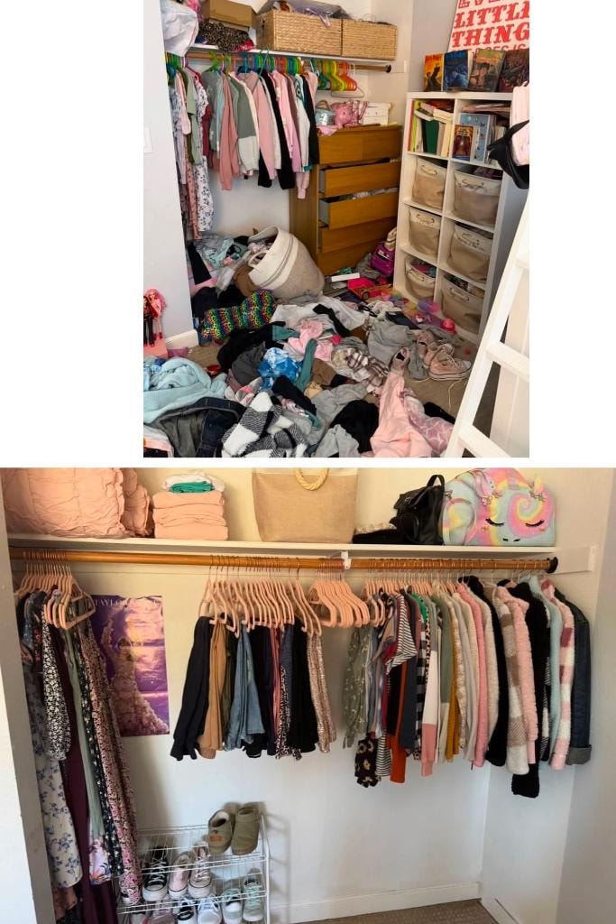 Pre-teen closet before and after — chaos to calm, organized by Kiera Rain, East Bay CA