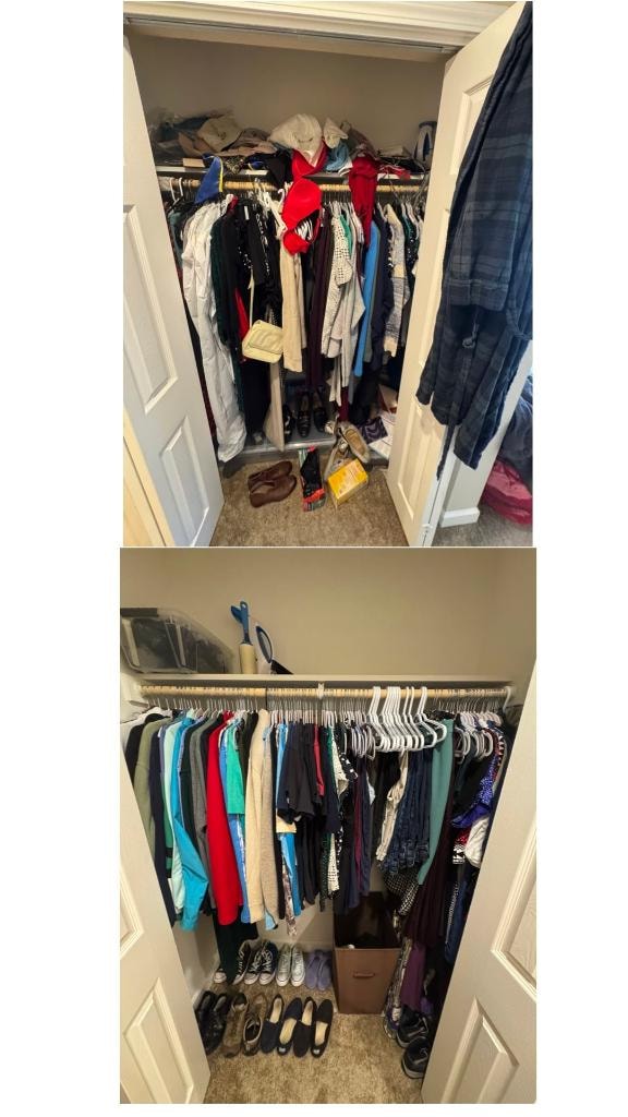 Closet organization before and after transformation by Kiera Rain, East Bay professional organizer