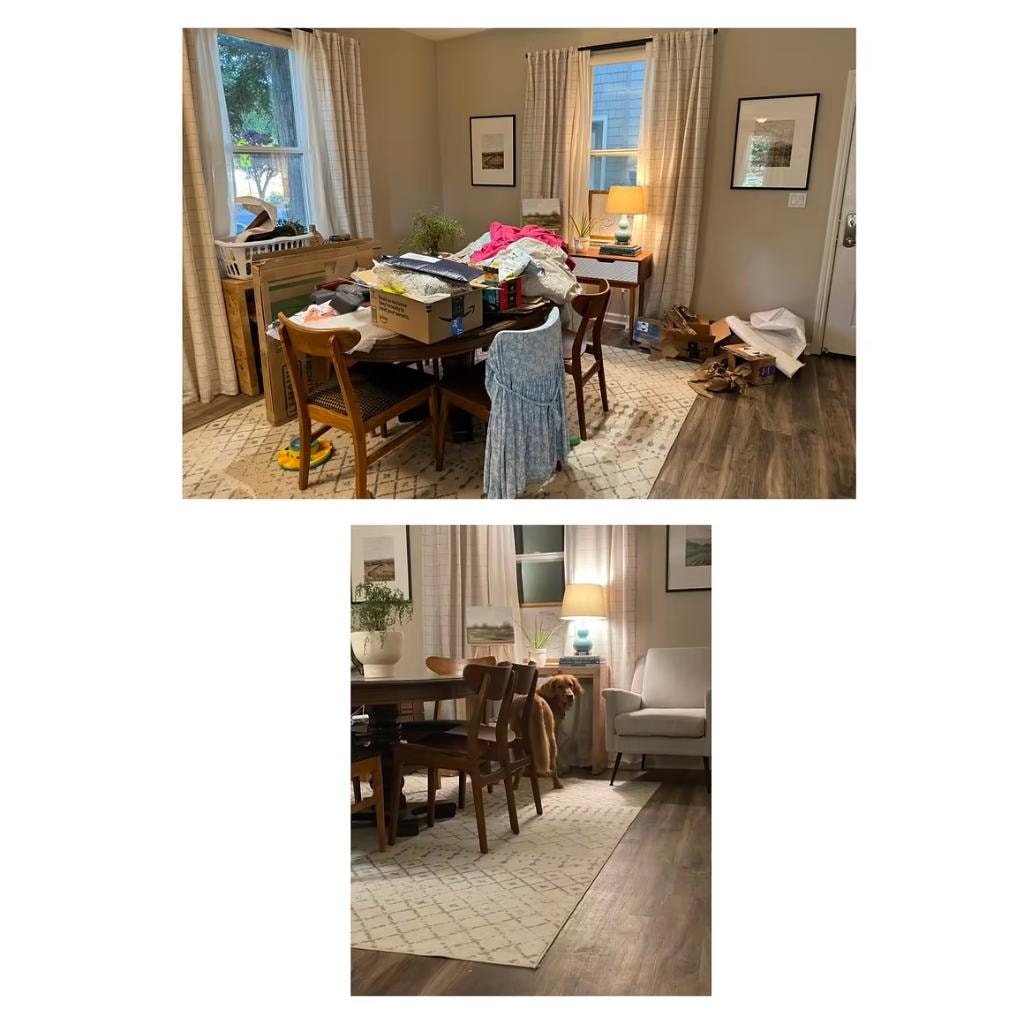 Dining room before and after — boxes cleared, calm dining space restored, Dublin CA