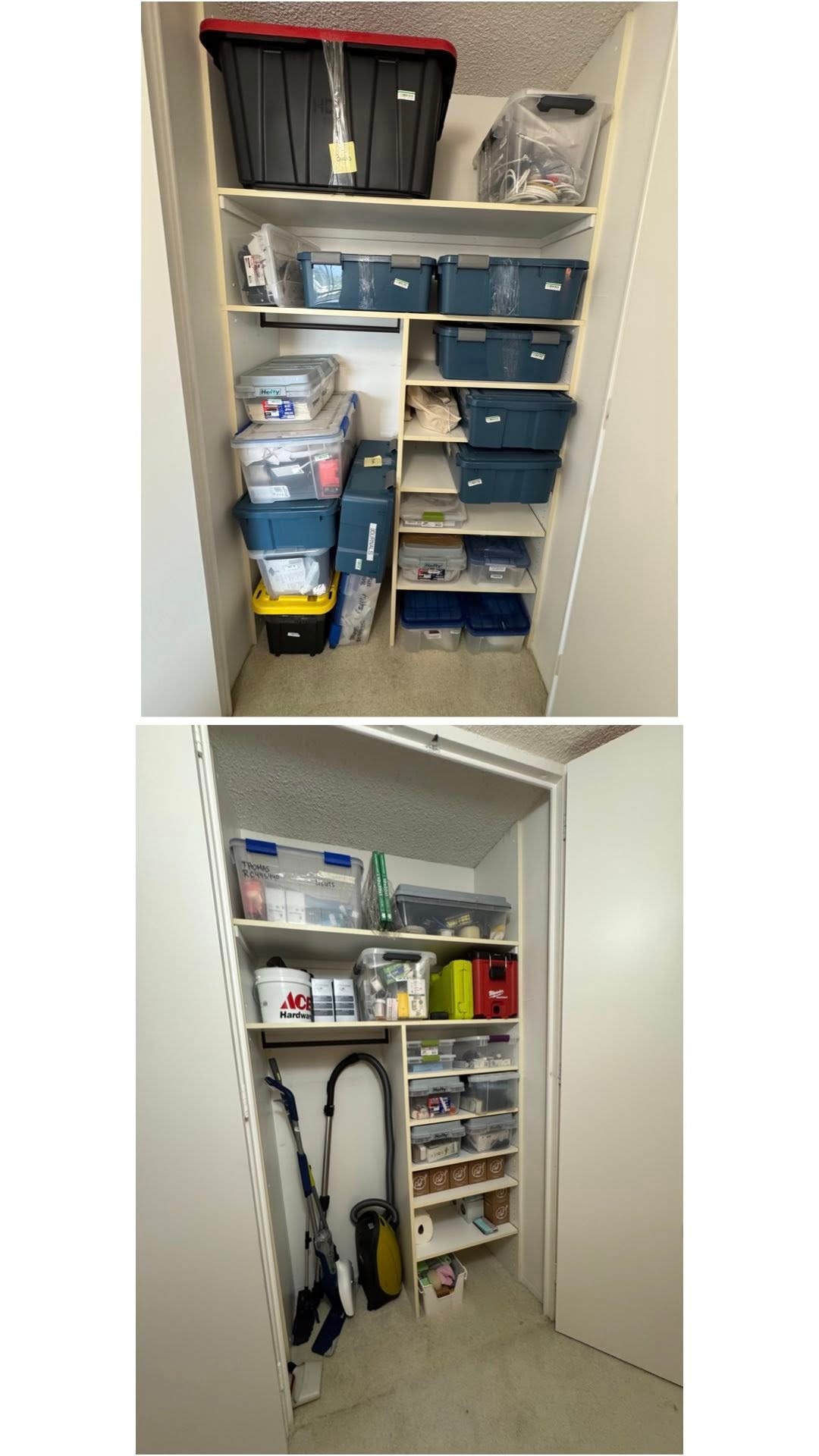 Storage closet with plastic bins organized before and after by Bay Area Professional Organizer Kiera Rain, Brentwood CA