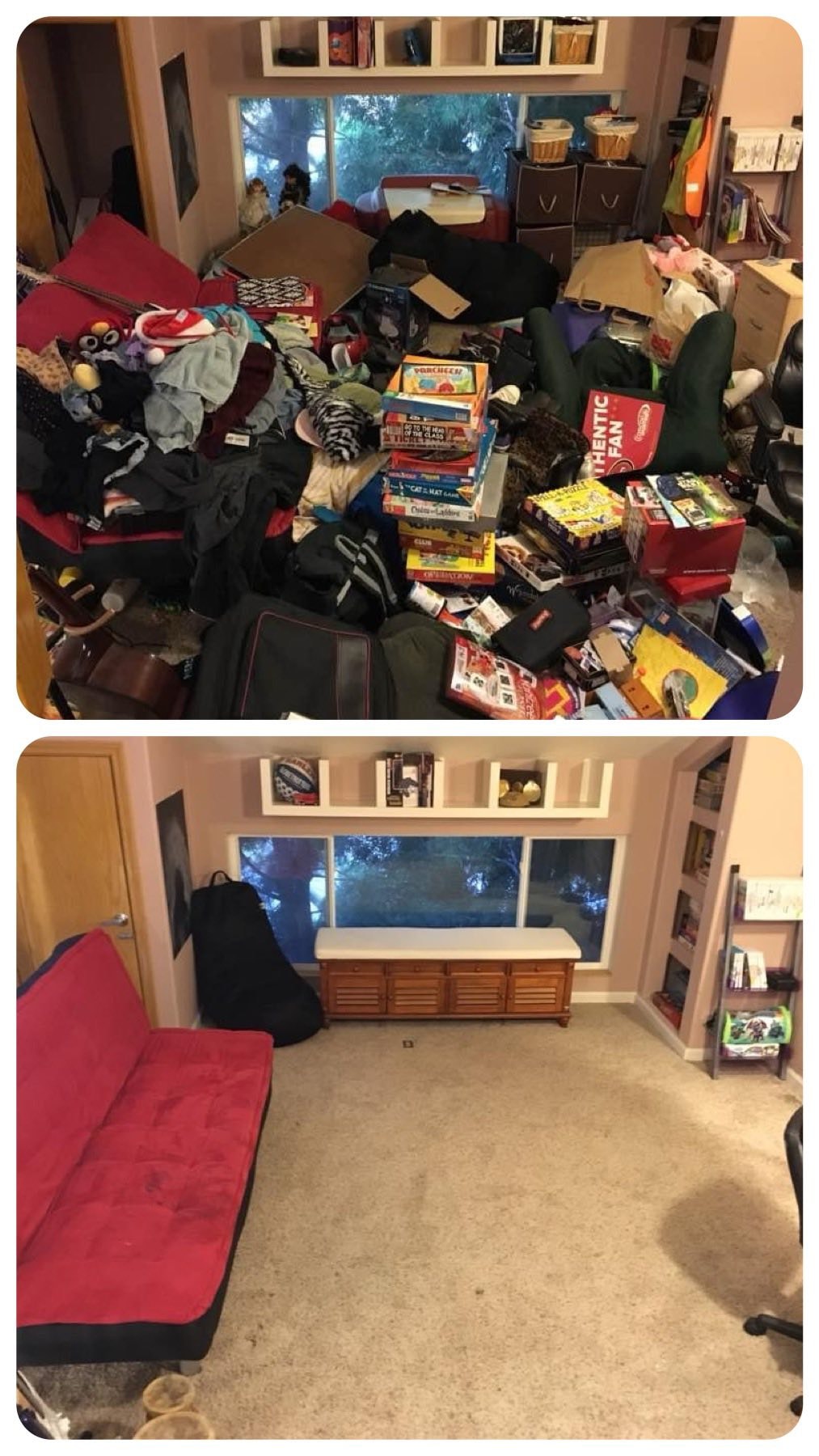 Messy room before and after organization by Kiera Rain, professional organizer in Alameda County East Bay