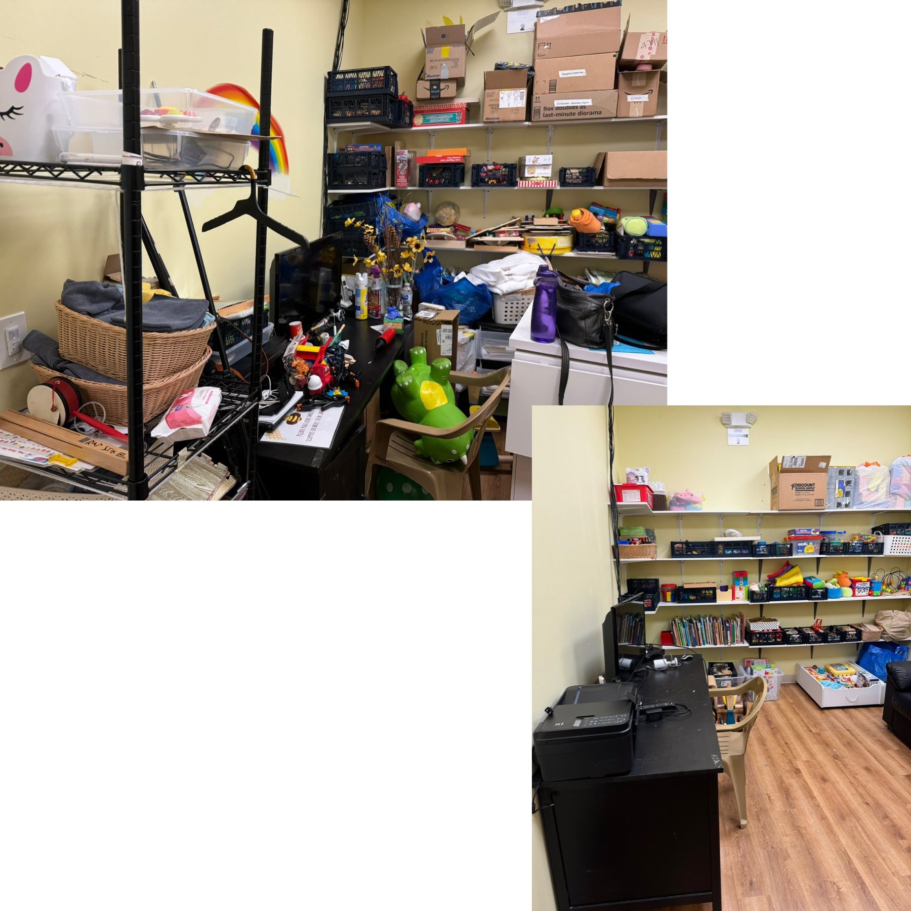 Cluttered storage room with shelves and collectibles before and after by Kiera Rain, professional organizer in Pleasant Hill CA