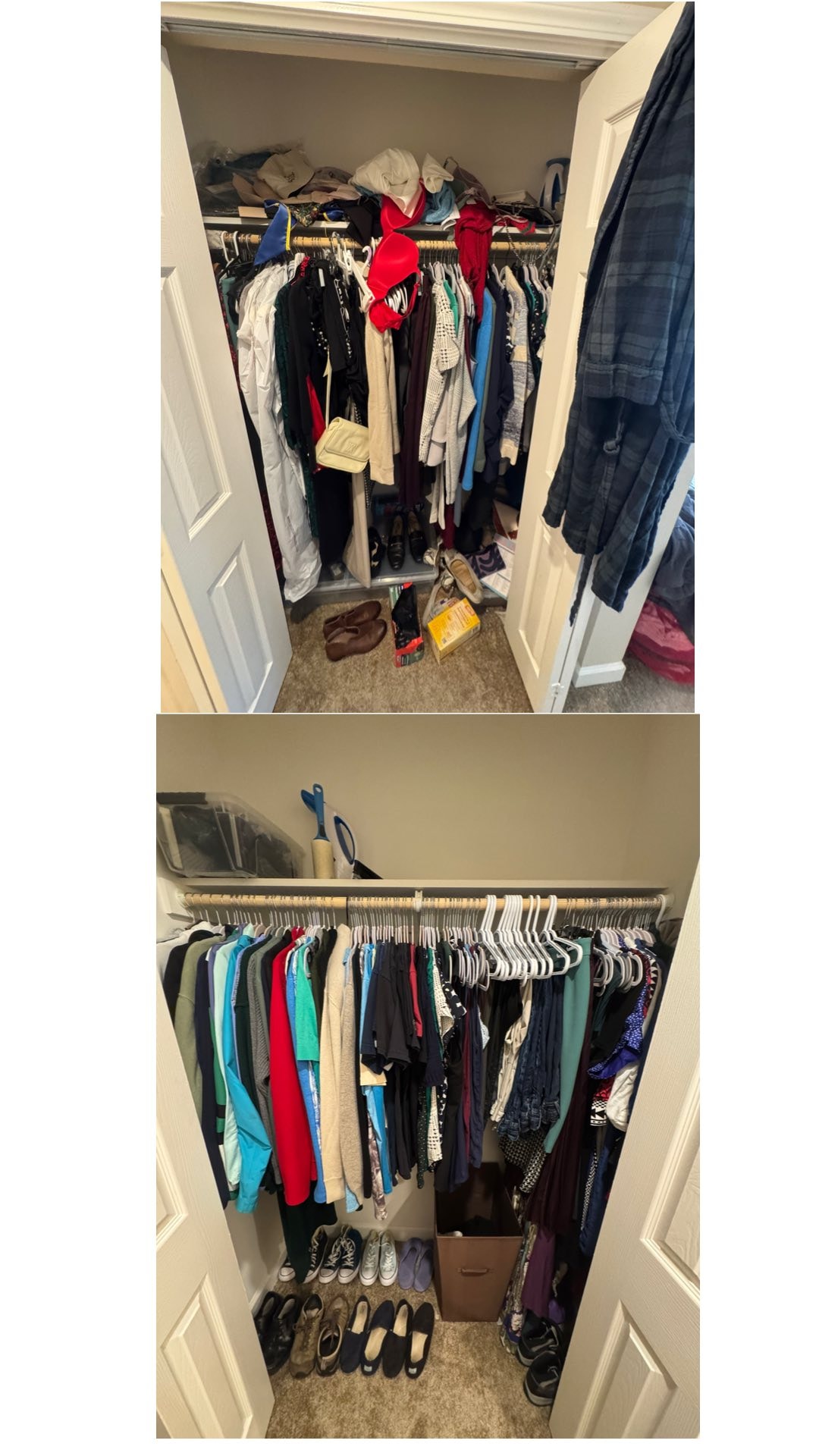 Cluttered closet decluttered and organized before and after by Kiera Rain, home organizer in Pleasant Hill CA