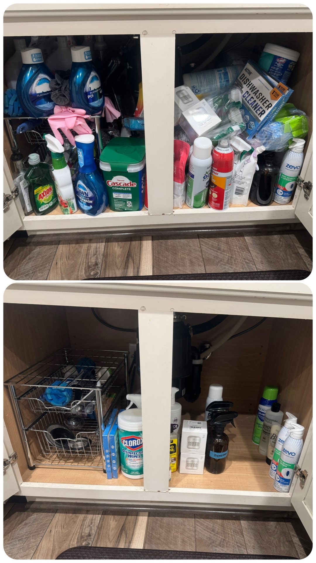 Bathroom cabinet with cleaning supplies organized before and after by Kiera Rain, professional organizer in Lafayette CA