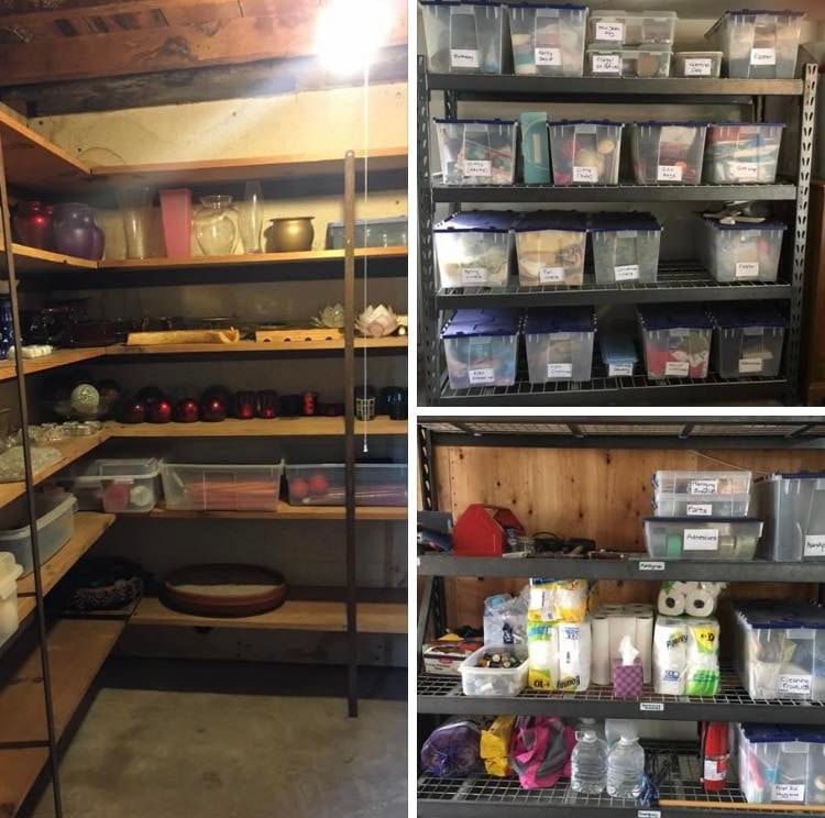 Organized storage shelves with labeled containers by Kiera Rain, professional organizer Alameda County