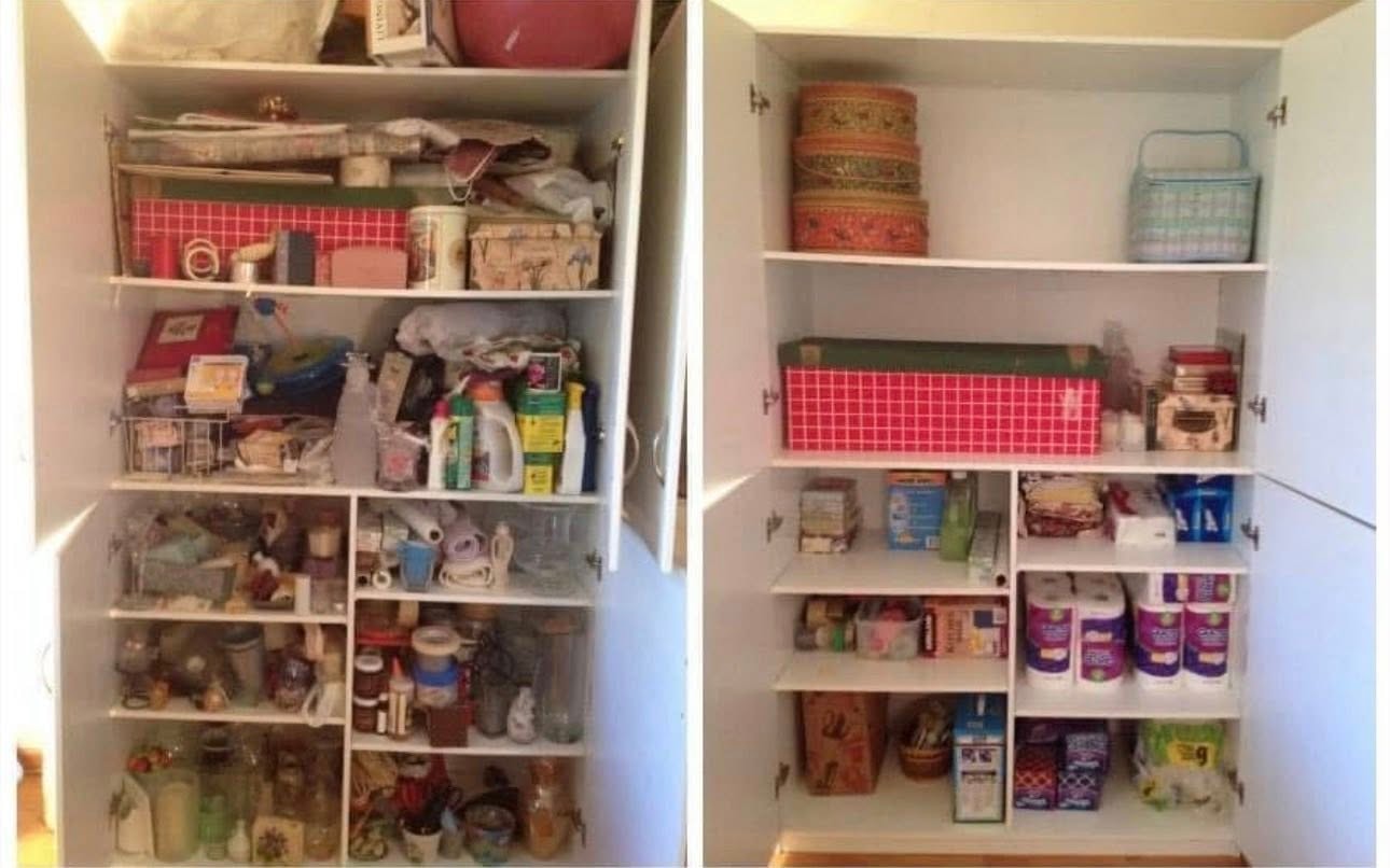 Bathroom cabinet storage before and after declutter by Kiera Rain, professional home organizer in Dublin CA