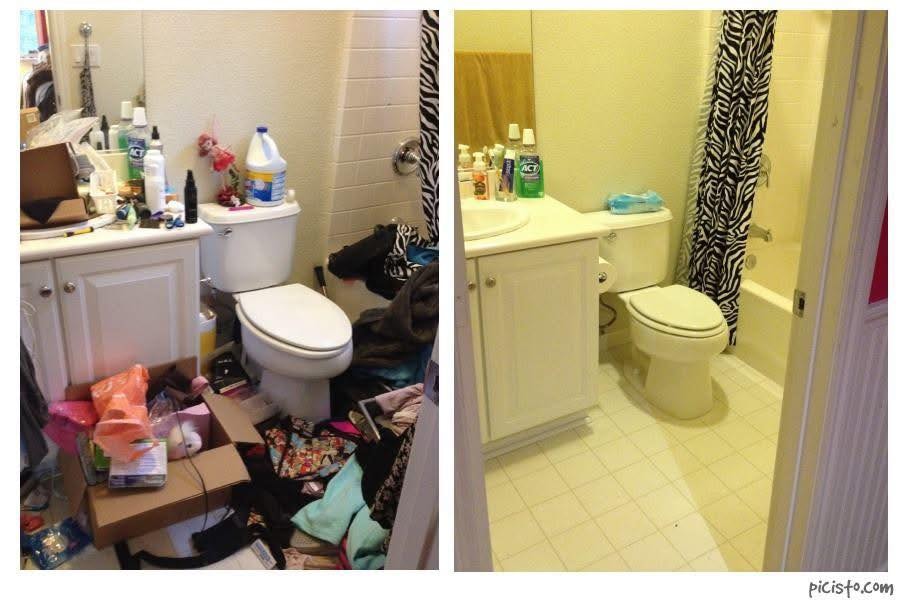 Bathroom before and after decluttering by Kiera Rain, Bay Area Professional Organizer East Bay