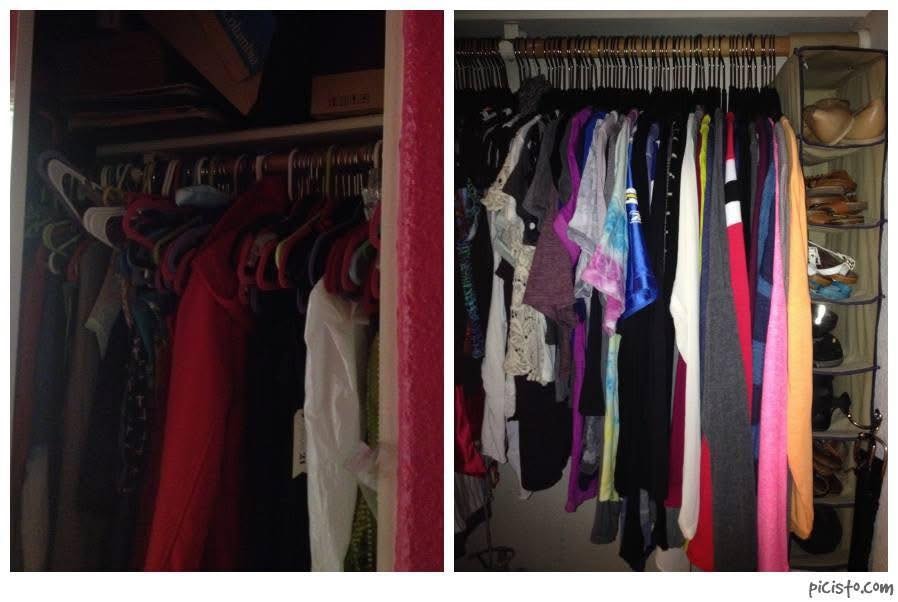 Overstuffed closet packed with clothing before and after organizing by Bay Area Professional Organizer Kiera Rain, Pleasant Hill CA