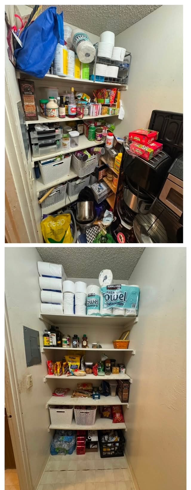 Pantry shelves before and after organization by Kiera Rain, professional home organizer serving Orinda and Lamorinda CA