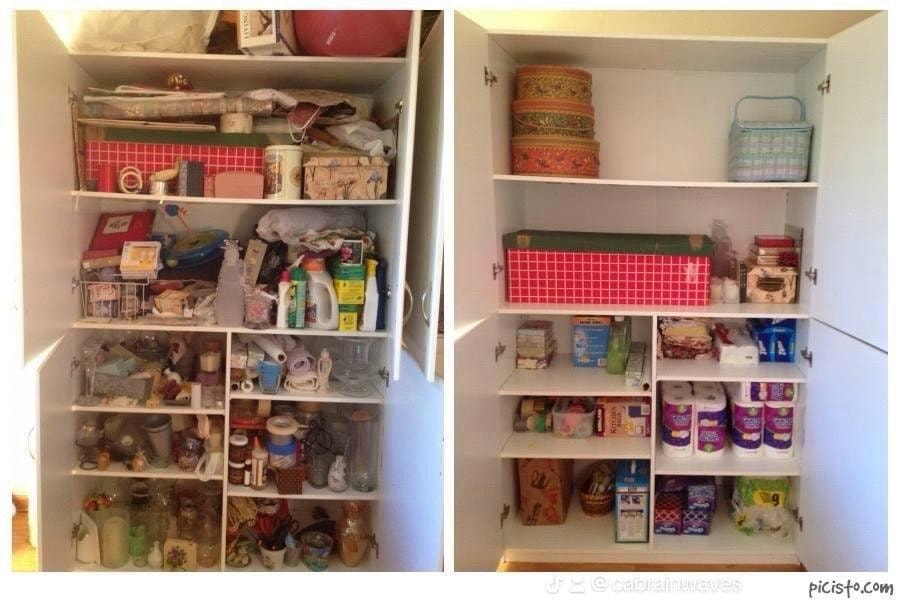 Cluttered storage cabinet before and after organization by Kiera Rain, Bay Area Professional Organizer, Walnut Creek CA