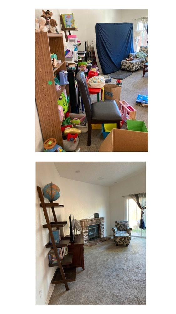 Living room declutter before and after by Kiera Rain, East Bay professional organizer